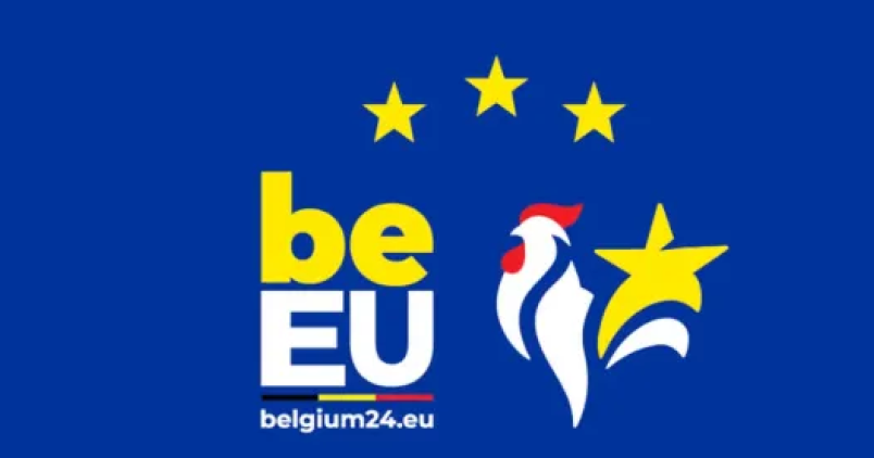 Sur un fonds bleu, à gauche les lettres be en jaune au dessus des lettres EU en majuscules en blanc, dessous en plus petit le drapeau belge et "belgium24.eu" écrit en blanc. Au dessus, trois étoiles jaunes. A droite, le coq wallon de profil en blanc avec une crête rouge et une étoile jaune. 