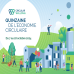 Quinzaine de l'économie circulaire, du 7 au 18 octobre 2024 est écrit en bleu dans un rond blanc. Le fond est un paysage assez vert avec plusieurs maisons à étages et divers personnages. 